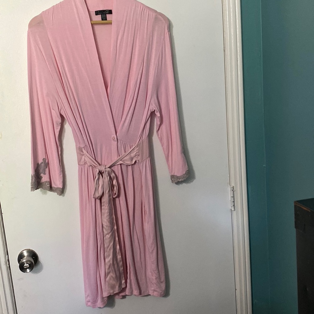 EUC Pink w/gray lace cuffs-attached belt-double fasten *matching gown in Closet”